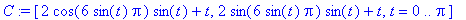 C := [2*cos(6*sin(t)*Pi)*sin(t)+t, 2*sin(6*sin(t)*Pi)*sin(t)+t, t = 0 .. Pi]